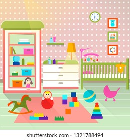 Baby room with a shelf, toys, cot, changing table and rug.