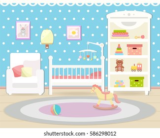  Baby room with a shelf,  toys, cot, armchair, chair and rug. Playroom. Flat design. Children's room.