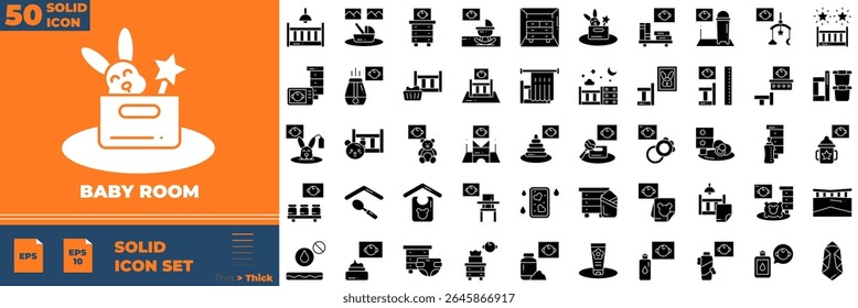 Baby Room Solid Editable Icons set. Vector illustration in modern thin solid style of baby room icons: bed, furniture, carpet, floor lamp, etc