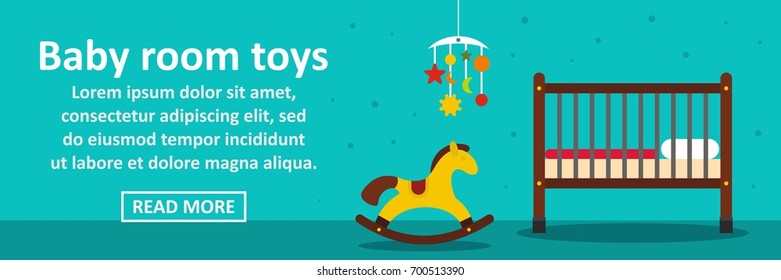 Baby room toys banner horizontal concept. Flat illustration of baby room toys banner horizontal vector concept for web