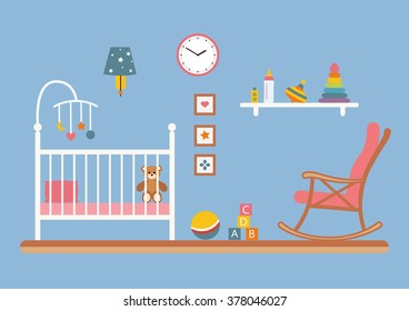 Baby room vector interior. Nursery room with cradle, chair, toys, kid dresser. Flat style illustration