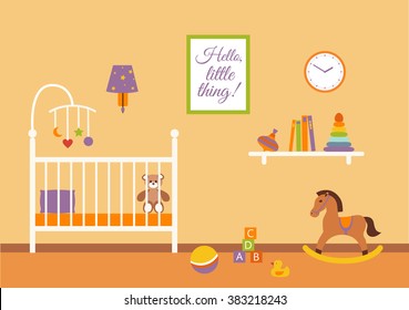 Baby room vector interior. Nursery  baby room with cradle, chair, toys, kid dresser. Flat style baby room illustration