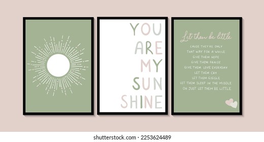 Baby room you are my sun shine. Baby room wall art. Pink and green triple wall set. Kids room print illustration.