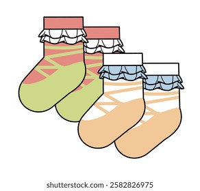Baby ruffle socks technical flat drawing vector mockup template.