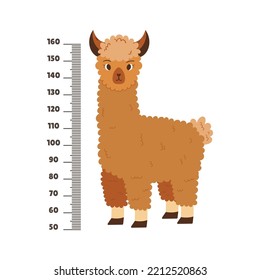 Baby Ruler Scale with Cute Llama. Kids Height Meter With Cartoon Funny Animal And Centimeter Growth Chart. Childish Height Measurement Wall Sticker With Adorable Lama Character. Vector Illustration