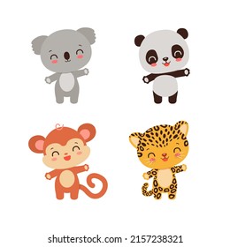 Baby safari animals kawaii style. Cute koala. Adorable panda bear. Funny monkey. Sweet leopard or cheetah. Funny animals waving. Flat design vector illustration for children projects.