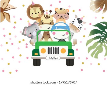 Baby safari white background with lion,zebra,giraffe,monkey in safari jeep. Editable vector illustration for birthday invitation,postcard ,greeting cards and sticker.