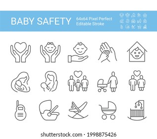 Baby safety icon set. Editable vector stroke. 64x64 Pixel Perfect.