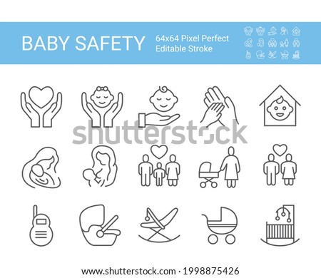 Baby safety icon set. Editable vector stroke. 64x64 Pixel Perfect.