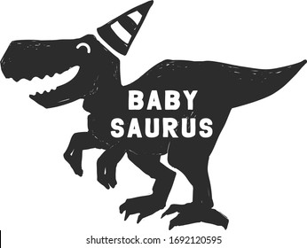 Baby saurus. Cute kids dinosaur doodle t-shirt design. Funny Dino collection. Textile design for baby boy birhday party on white background. Cartoon monster vector illustration.