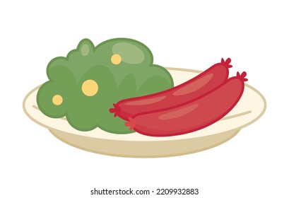 Baby sausages with salad icon. Proteins and carbohydrates, balanced nutrition and diet. Broccoli, vegetables, vitamins. Breakfast or lunch for babies, children. Cartoon flat vector illustration
