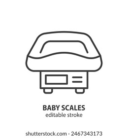 Baby scales line icon. Newborn weight symbol. Editable stroke.