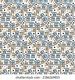 Baby scandinavian pattern with railroads, trains, wagons. Seamless print with cute transport for kids fabric print. Picture of cartoon locomotive for boys. Light white nursery wallpaper with vehicles.