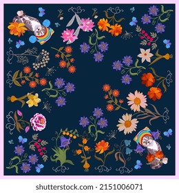 Baby scarf with fashionistas cats, blue butterflies and garden flowers on a dark blue background in vector.