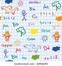 baby school vector seamless with abc words drawing boy and girl trees sun cloud and dragon