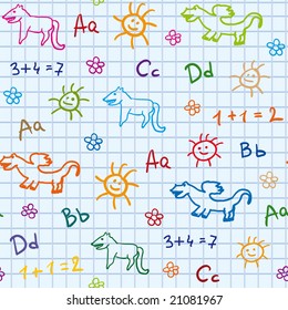 baby school vector seamless with abc words drawing dragon and dog sun and flower