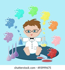 Baby scientist holding flasks with solutions that form  rainbow. Vector Illustration in flat style.