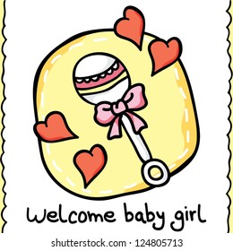 Baby scrapbook collection, toddler accessories concept, baby rattle hand drawn, vector illustration