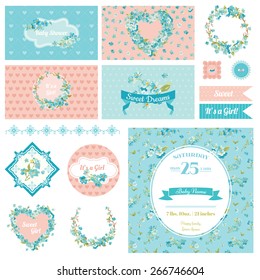 Baby Scrapbook Party Set - Flower Theme - Design Elements, Backgrounds - in vector