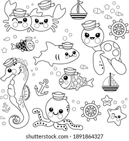 Baby sea animals swimming under the sea. Set of sailor and nautical illustrations with cute sea animals and fish. Vector black and white coloring page