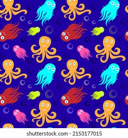 Baby sea background octopus on blue, seamless pattern, texture for fabric design, wallpaper and tile, vector illustration