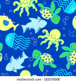 Baby sea creatures in the ocean seamless pattern.