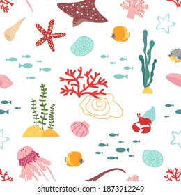 Baby sea pattern. Marine life, seaweed cute animals and plants. Kids fabric nautical print, childish fish decent vector seamless texture