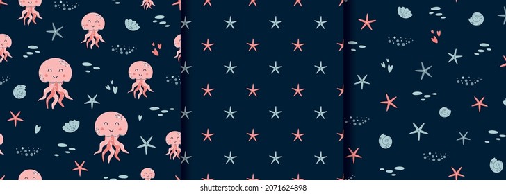 Baby sea pattern set. Marine animals seamless pattern Cute sea animals print. Pink jellyfish kids textile design. Starfish, seashells dark ocean background collection. Vector illustration.