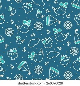 Baby sea seamless pattern. Thin line icons of ship, whale, boat, anchor, wheel.