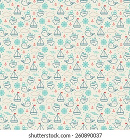 Baby sea seamless pattern. Thin line icons of ship, whale, boat, anchor, wheel.