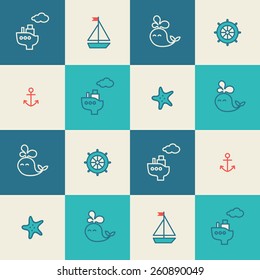 Baby sea seamless pattern. Thin line icons of ship, whale, boat, anchor, wheel, starfish