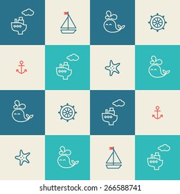 Baby sea seamless pattern. Thin line icons of ship, whale, boat, anchor, wheel, starfish