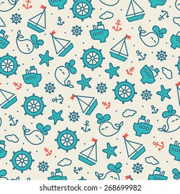 Baby sea seamless pattern. Thin line icons of ship, whale, boat, anchor, wheel, starfish