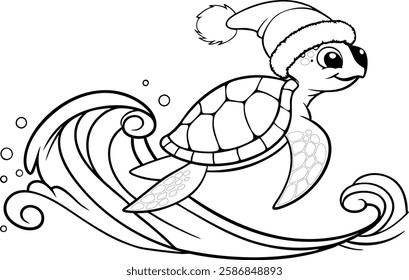 A baby sea turtle with Santa hat riding a gentle wave black color