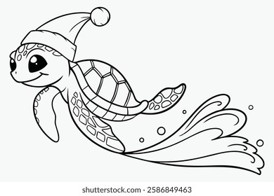 A baby sea turtle with Santa hat riding a gentle wave black color line art