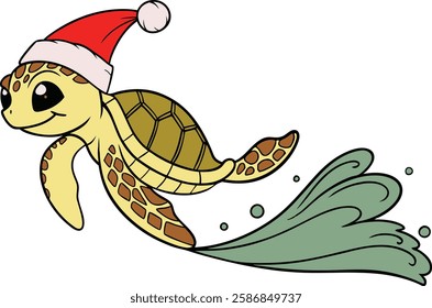 A baby sea turtle with Santa hat riding a gentle wave