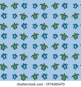 Baby sea turtles in half drop repeat. Designed in seamless repeat, ready for printing on fabric, wall paper or children's bedding products. Ideal to be used in combination with Aquarium pattern