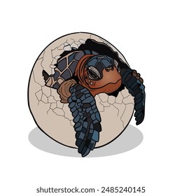 Baby sea turtles are hatching from eggs.Vector illustration isolated on white.