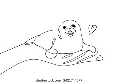 A baby seal lies in the palm of a man. Animal protection. International Day of Action for the Seals. Vector illustration. Images produced without the use of any form of AI software at any stage. 