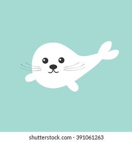 Baby seal with mustaches.  Cute cartoon character. Blue background. Flat design Vector illustration