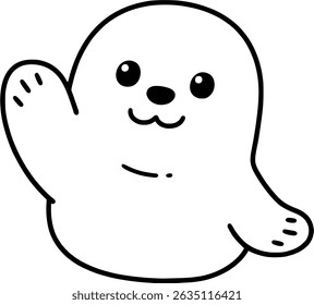 Baby seal outline waving with big eyes drawn in smooth lines on light blue background.
