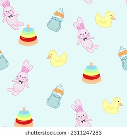 baby seamless background. There is a pink rabbit doll, yellow rubber duck, baby toys and baby bottles in bright pastel colors on a light blue background.