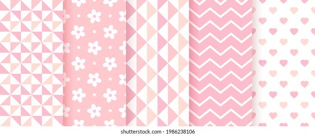 Baby seamless backgrounds. Pink pattern. Baby girl geometric prints. Vector. Set of kids pastel textures. Cute childish backdrop with zigzag, triangles, flowers and hearts. Modern illustration.  