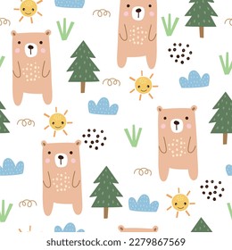 Baby seamless cartoon patterns bear and Christmas tree Cute hand drawn animal background in childish style. design for Newborn apparel, textiles, wallpaper