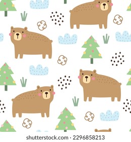 Baby seamless cartoon patterns bear and Christmas tree Cute hand drawn animal background in childish style. design for Newborn apparel, textiles, wallpaper