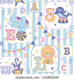 Baby seamless pattern. Alphabet and cute cartoon animals on striped background. Vector illustration.