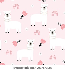 Baby seamless pattern animal cartoon background lama with flowers on pink background Hand drawn design in children's style. used for printing, wallpaper decoration vector illustration