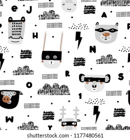 Baby seamless pattern with animals superheroes. Trendy scandinavian vector background. Vector texture in childish style great for fabric and textile, wallpapers, backgrounds.