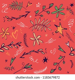 Baby seamless pattern background with cute star, leaves, flower, doodle stars. Doodle hand drawn illustration. red, yellow, green graphic.Great for fabric, textile Vector Illustration