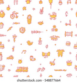 Baby Seamless pattern, background. Hand drawn vintage style. Flat design vector illustration.